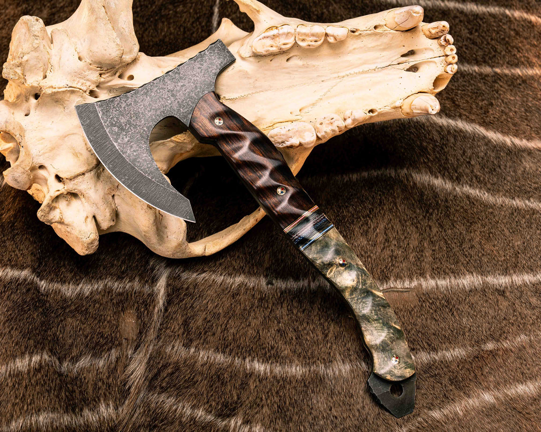 Viking Hawk - Desert Ironwood, Black G10, Brass, Cherry G10 and Blue G10 Pin Striping, Carbon and Red, White and Blue Carbon Split, Buckeye Burl, Patriot Mosaic Pins, Textured Grip