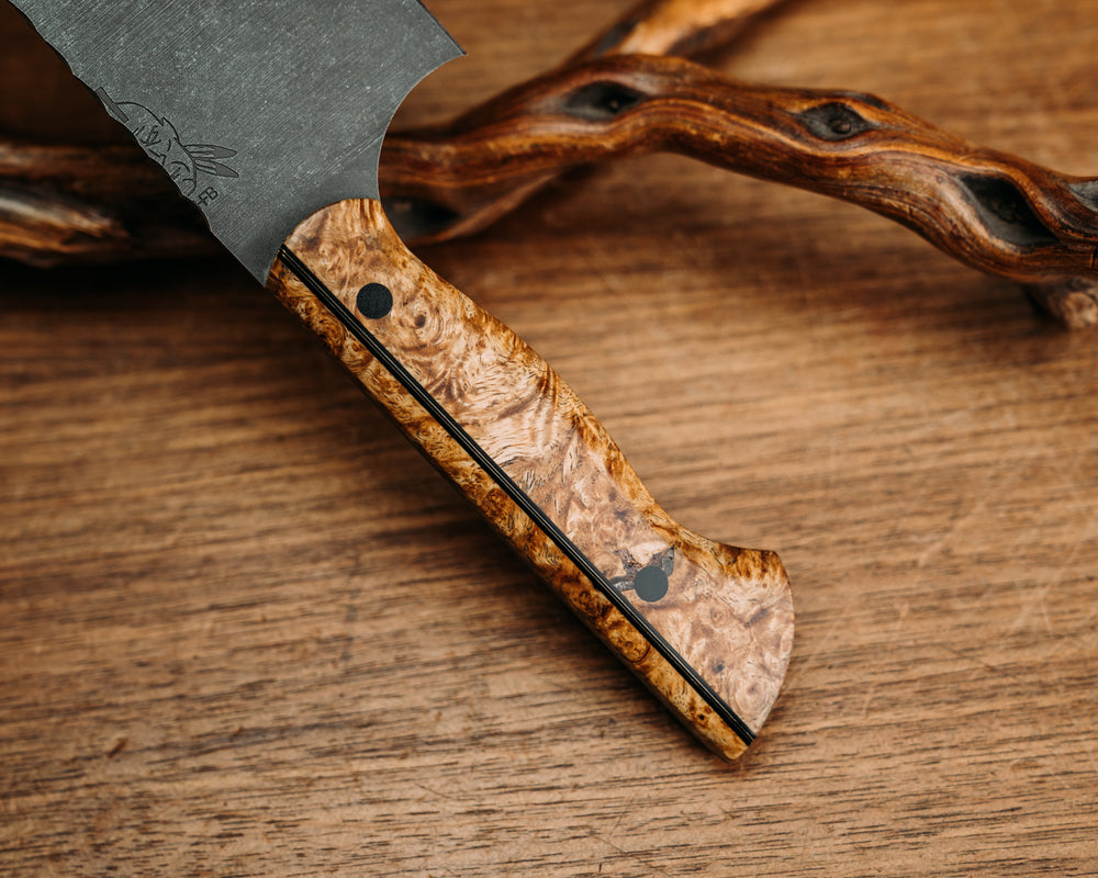Large Chef Blade - Amboyna, Vertical Black G10 & Brass Split, CF Pins, Smooth Grip.
