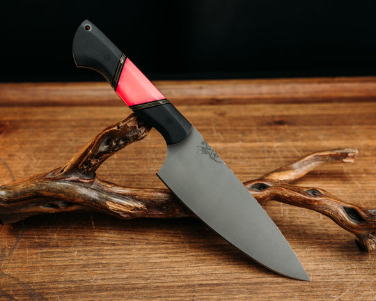 Chef Jr - Black G10, Black & Coyote w/ Brass Pin Striping, Pink Pearl Resin Split, CF Pins, CF Lanyard Pin, Smooth Grip.