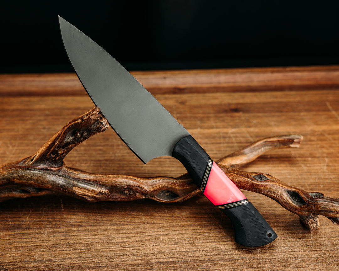 Chef Jr - Black G10, Black & Coyote w/ Brass Pin Striping, Pink Pearl Resin Split, CF Pins, CF Lanyard Pin, Smooth Grip.