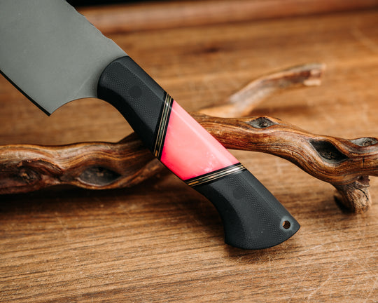 Chef Jr - Black G10, Black & Coyote w/ Brass Pin Striping, Pink Pearl Resin Split, CF Pins, CF Lanyard Pin, Smooth Grip.