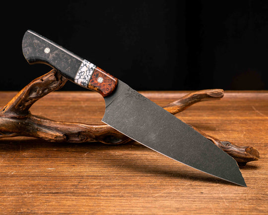 Santoku- Lion's Blood Amboyna, Black G10, Brass and Copper Pin Striping, White with Black Web Tru-stone Split, Dyed Redwood Burl, Mosaic Pins, Smooth Grip