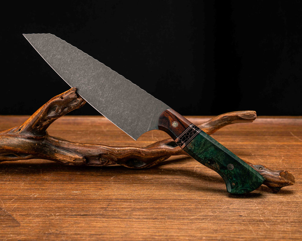 Santoku- Desert Ironwood, Black G10 and Copper Pin Striping, Black with Copper Web Tru-stone Split, Dyed Maple, Mosaic Pins, Smooth Grip
