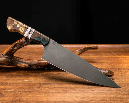 Chef Blade- Dyed Maple, Black G10, Copper and Brass Pin Striping, White with Copper Matrix Tru-stone Split, Spalted Maple, Mosaic Pins, Smooth Grip