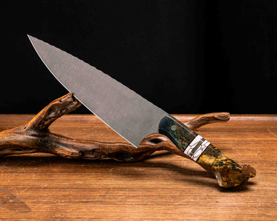 Chef Blade- Dyed Maple, Black G10, Copper and Brass Pin Striping, White with Copper Matrix Tru-stone Split, Spalted Maple, Mosaic Pins, Smooth Grip