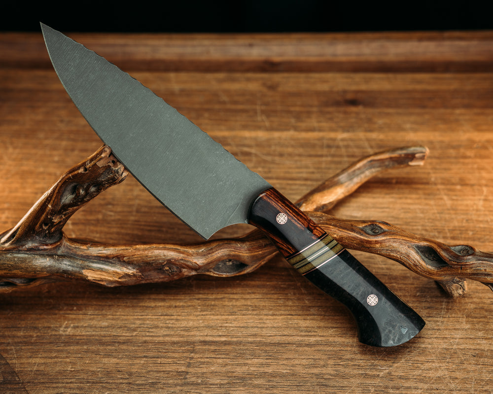 Chef Jr- Desert Ironwood, Black G10, Copper, OD Green Canvas Micarta, OD Green G10 and Brass Split, Dyed Redwood Burl, Mosaic Pins, Smooth Grip