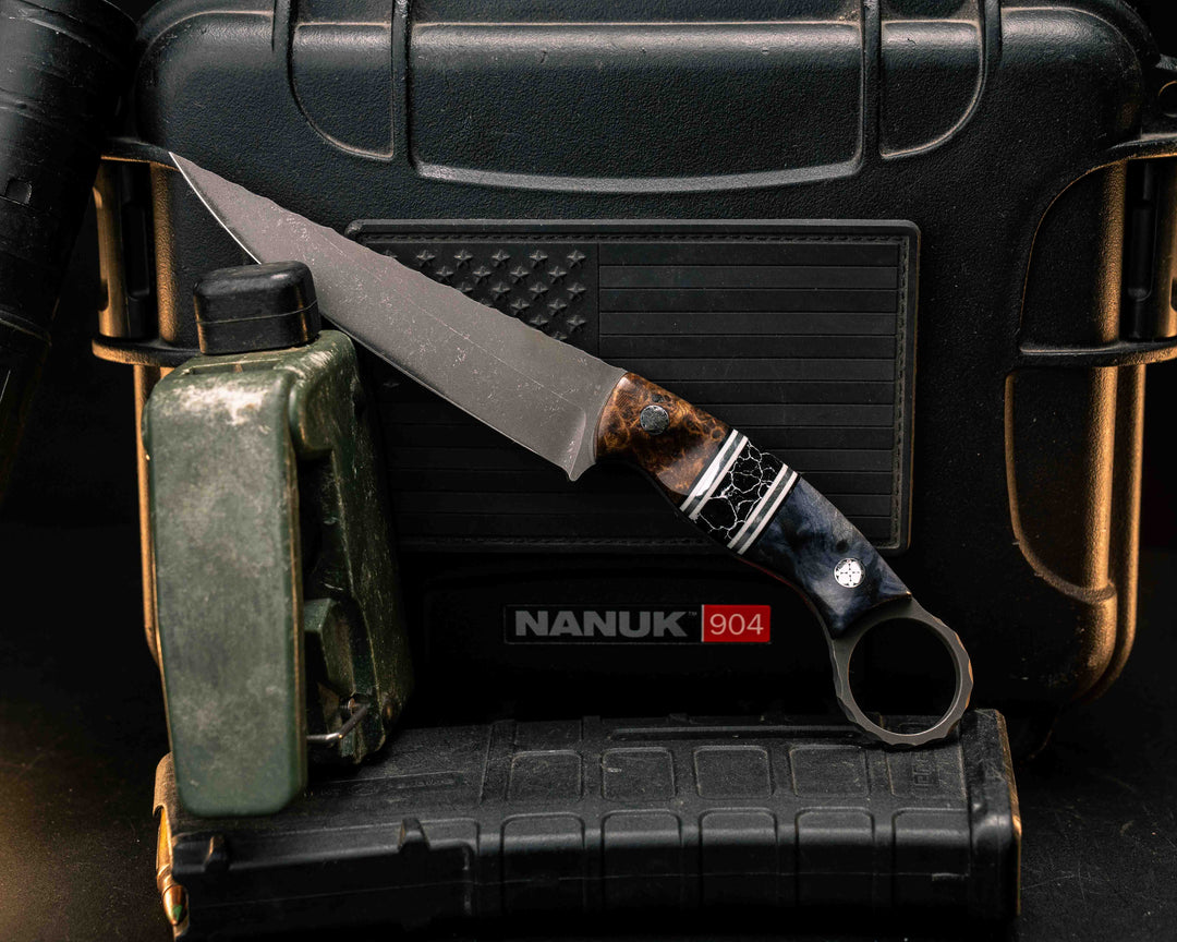 Osoraku 4"- Amboyna Burl, Black G10, White G10 and Aluminum Pin Striping, Black with White Web Tru-stone Split, Dyed Buckeye, Textured Grip