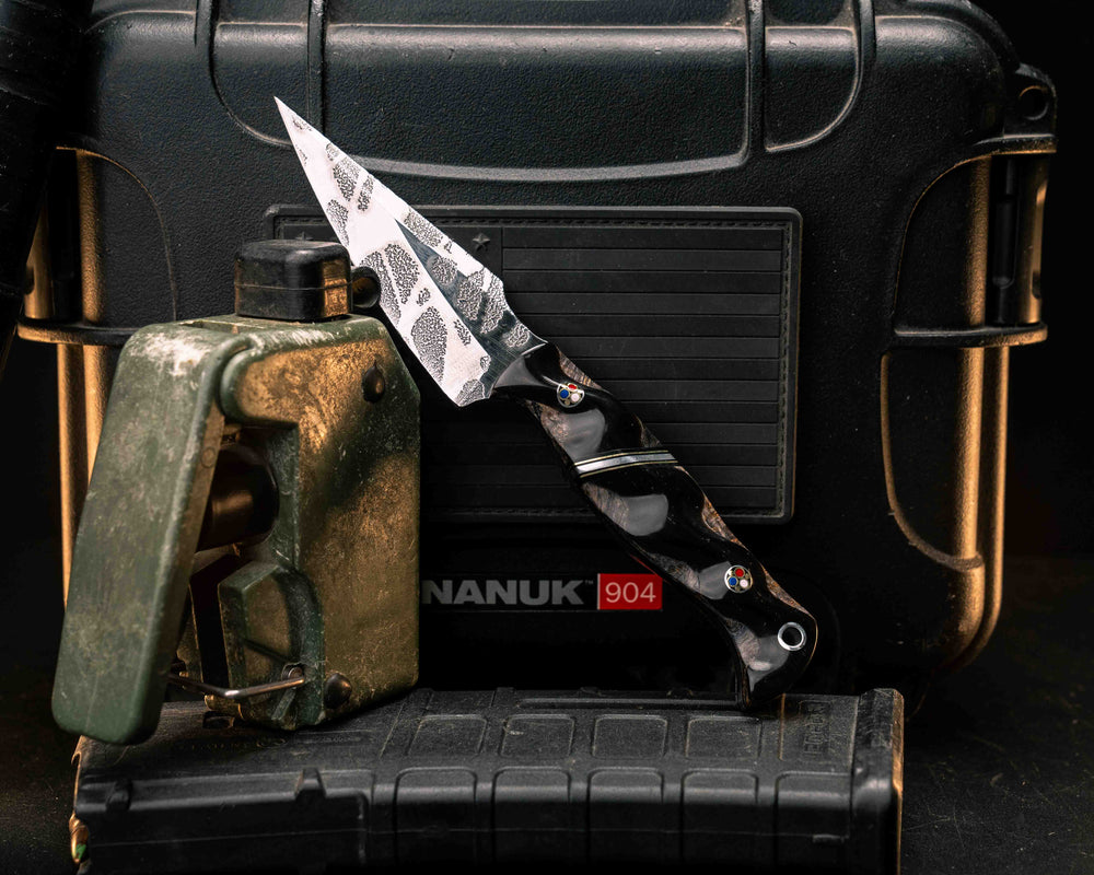 Gulo Gulo- Rams Horn Over Dyed Box Elder, Black G10, Brass and Aluminum Split, Patriot Mosaic Pins, Aluminum Lanyard Pin, Textured Grip