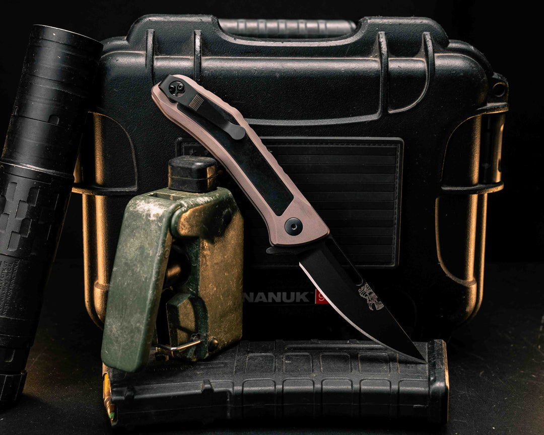 Custom Kwaiken Folder - African Blackwood, Anodized Grey Handle, Black Nitride Blade, Textured Grip, Deep Carry Pocket Clip