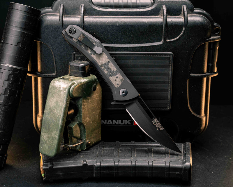 Custom Kwaiken Folder - (Universal Camouflage Pattern) UCP G10, Anodized Black Handle, Black Nitride Blade, Textured Grip, Deep Carry Pocket Clip