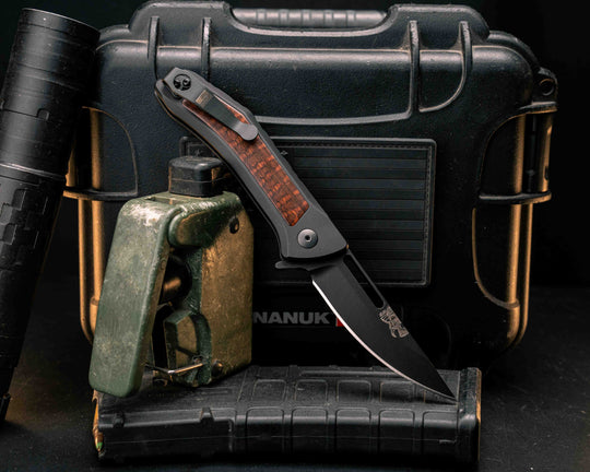 Custom Kwaiken Folder - Snakewood, Anodized Black Handle, Black Nitride Blade, Textured Grip, Deep Carry Pocket Clip