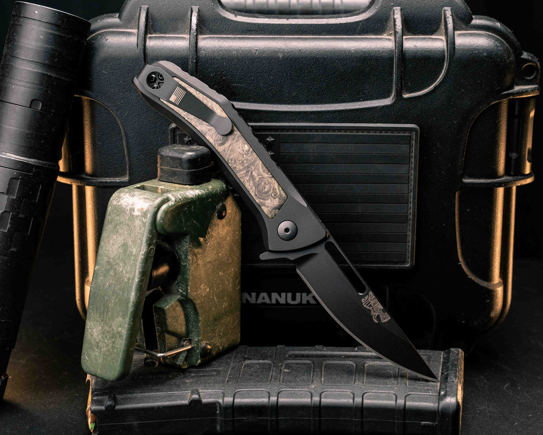 Custom Kwaiken Folder -  Dyed Maple, Anodized Black Handle, Black Nitride Blade, Textured Grip, Deep Carry Pocket Clip
