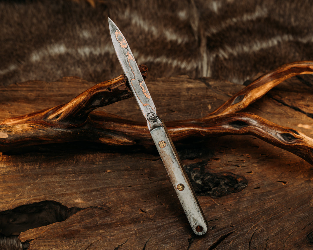 OSS Spike- Baker Forge Wavy Pattern CopperMai- Elk Antler, Mosaic Pins, Copper Lanyard Pin, Smooth Grip