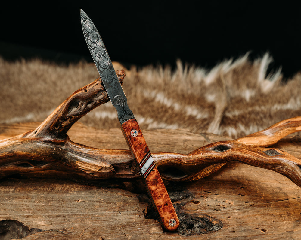 OSS Spike- Baker Forge Raindrop Pattern Damascus- Amboyna Burl, Black G10, Copper and Ruby G10 Pin Striping, Wild Horse Jasper Recon Stone Split, Copper Patriot Mosaic Pins, Smooth Grip