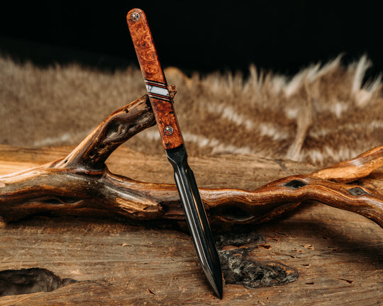 OSS Spike- Baker Forge Raindrop Pattern Damascus- Amboyna Burl, Black G10, Copper and Ruby G10 Pin Striping, Wild Horse Jasper Recon Stone Split, Copper Patriot Mosaic Pins, Smooth Grip