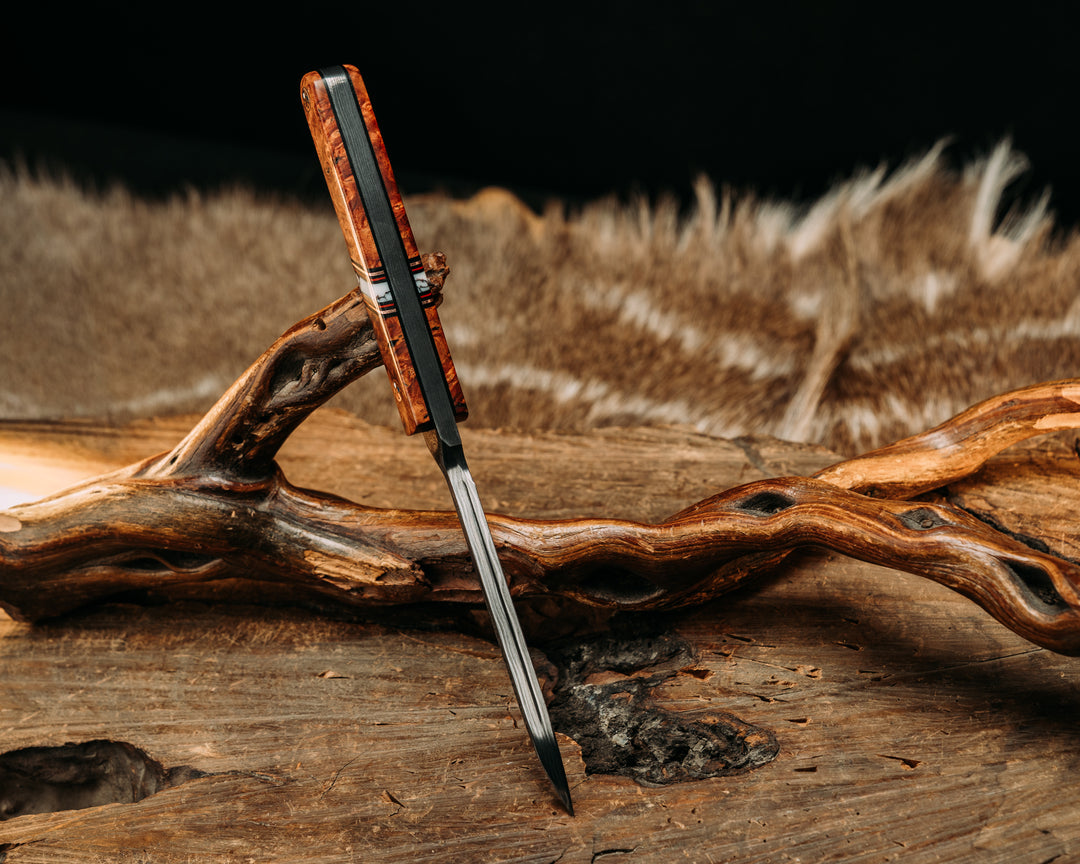 OSS Spike- Baker Forge Raindrop Pattern Damascus- Amboyna Burl, Black G10, Copper and Ruby G10 Pin Striping, Wild Horse Jasper Recon Stone Split, Copper Patriot Mosaic Pins, Smooth Grip