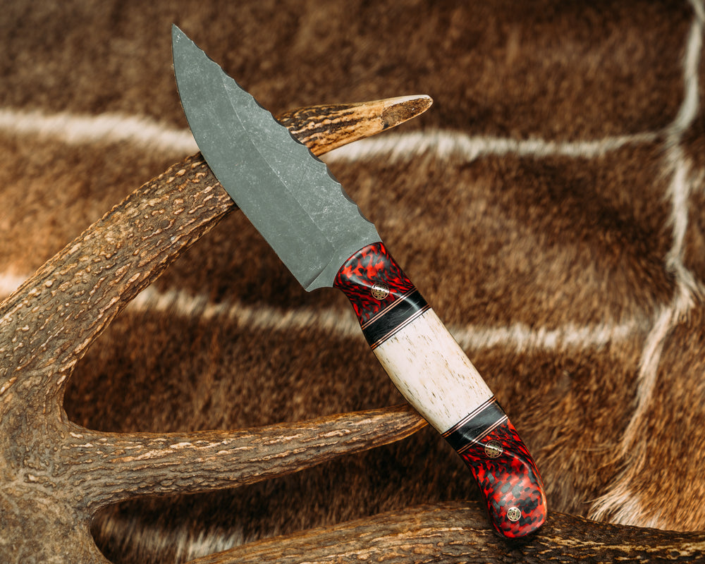 Crow Jr- Carbon and Red Resin, Black G10 and Copper and Black Dark Matter Carbon Pin Striping, Giraffe Bone Split, Mosaic Pins, Contoured Grip
