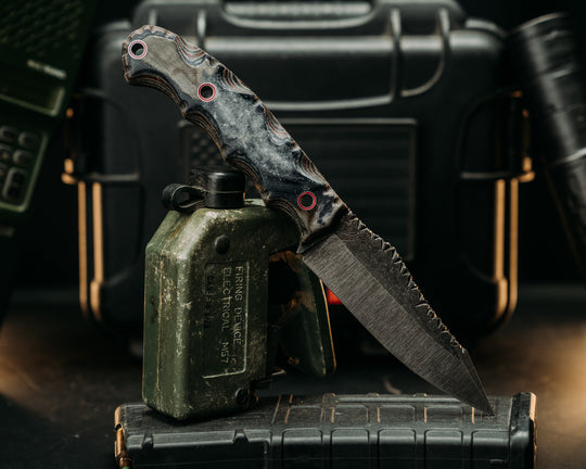 Field Breacher- Vintage American Flag Micarta and Navy S.E.A.L. AOR1 and AOR2 Cammie Micarta, Aluminum and Red Resin Hollow Pins, Textured Grip