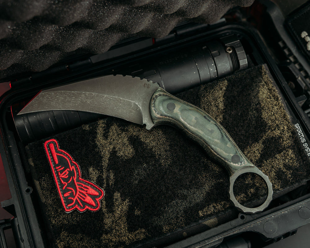 Eagle Karambito (#09)- AOR2 Navy SEAL Cammie Micarta and Layered Carbon, CF Pins, Smooth Grip