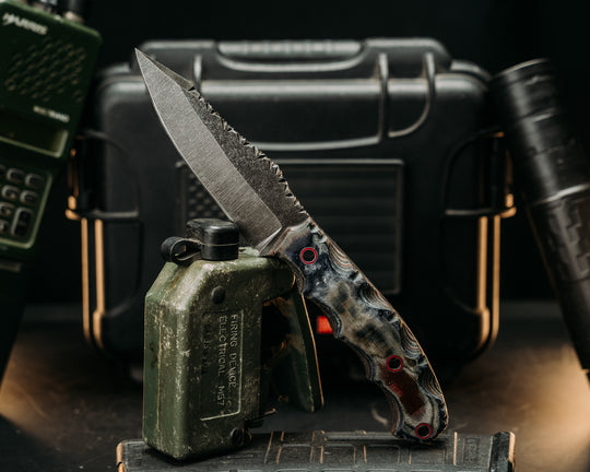 Field Breacher- Vintage American Flag Micarta and Navy S.E.A.L. AOR1 and AOR2 Cammie Micarta, Aluminum and Red Resin Hollow Pins, Textured Grip