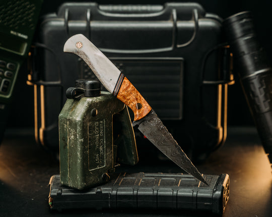 Congressman- Old Stock Wavy Pattern Damascus- Afzelia Burl, Black G10, Copper and White G10 Split, Elk Antler, Mosaic Pins, Textured Grip