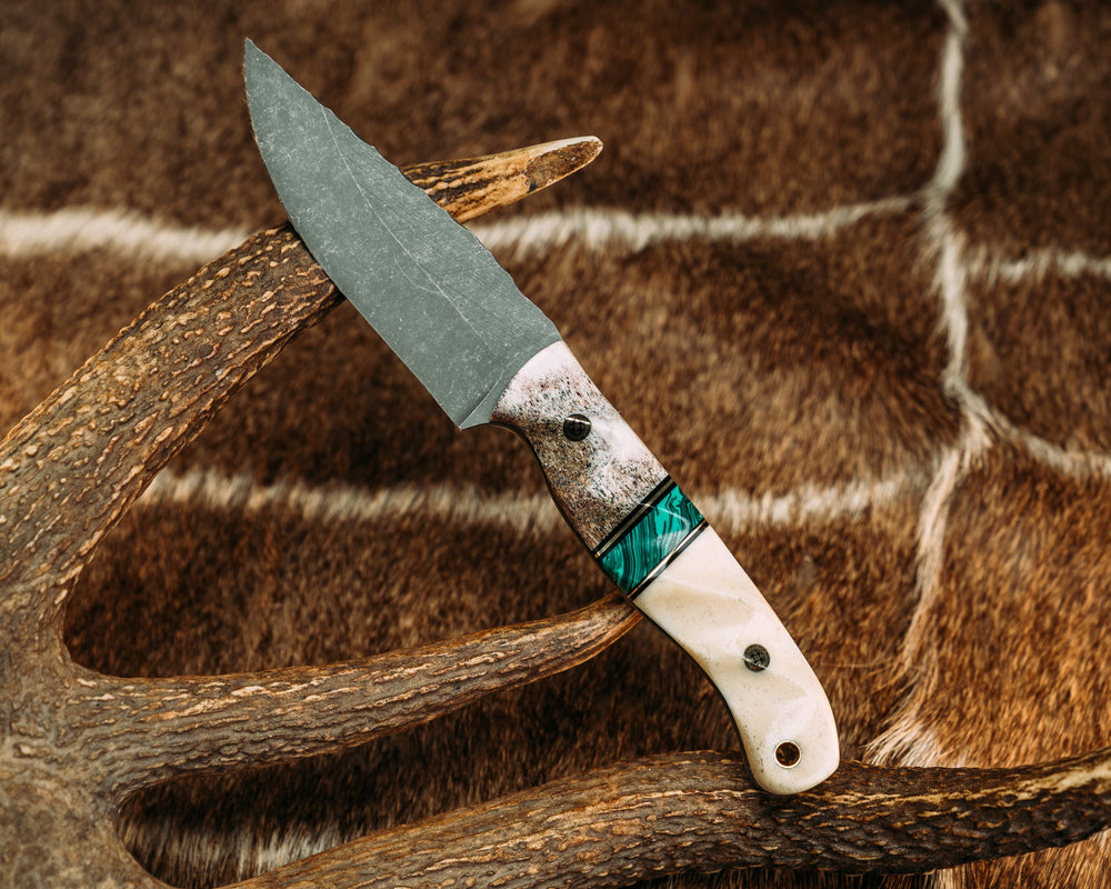 Crow Jr- Black G10 and Brass Pin Striping, Green Juma Split, Giraffe Bone, Mosaic Pins, Brass Lanyard Pin, Textured Grip