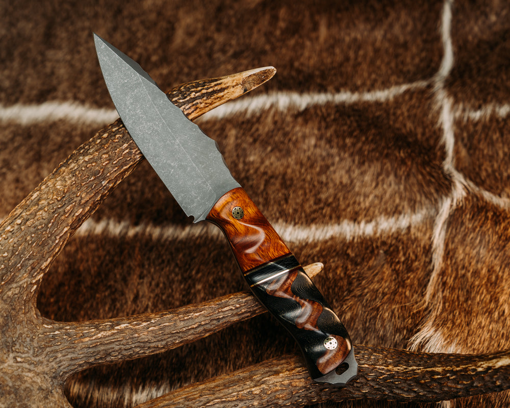 Field Knife- Desert Ironwood, Black G10 and Brass Pin Striping, Carbon Split, Hawaiian Curly Koa Over Gold Camo FAT Carbon, Mosaic Pins, Textured Grip