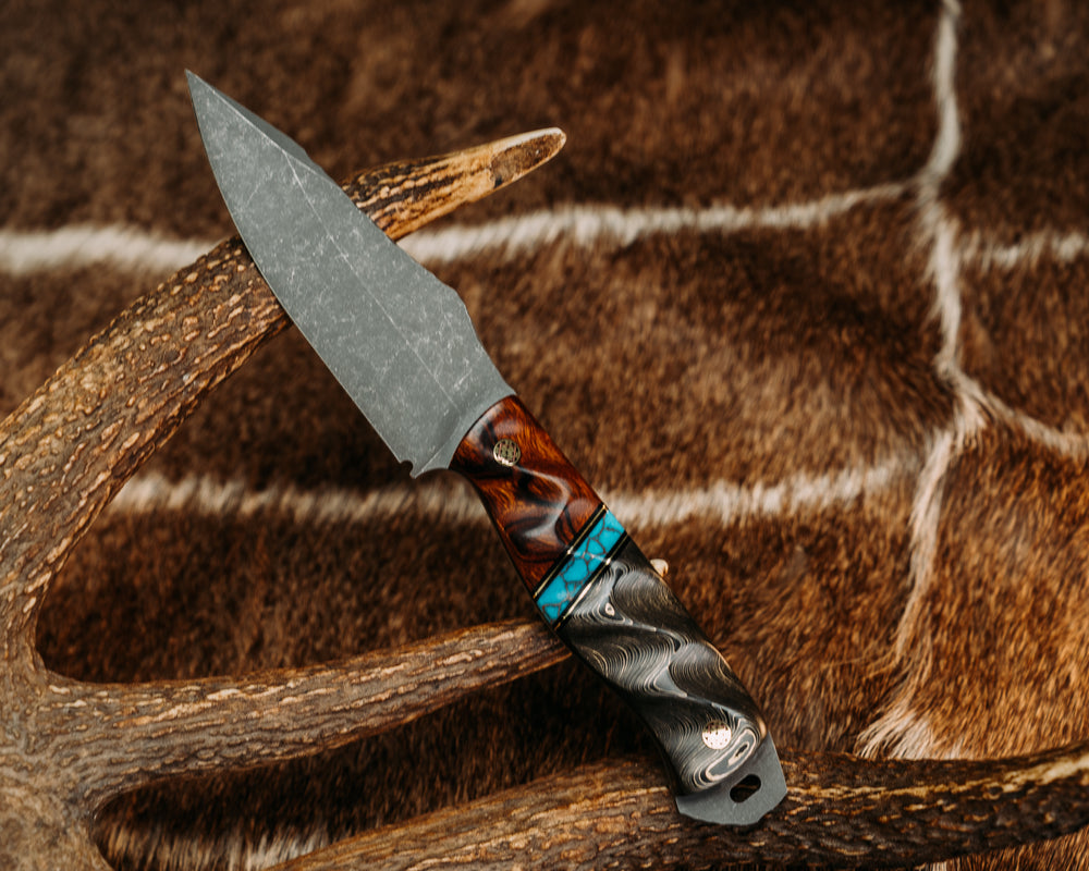 Field Knife- Desert Ironwood, Black G10 and Brass Pin Striping, Turquoise with Copper Web Tru-stone Split, Gold Camo Carbon, Mosaic Pins, Textured Grip