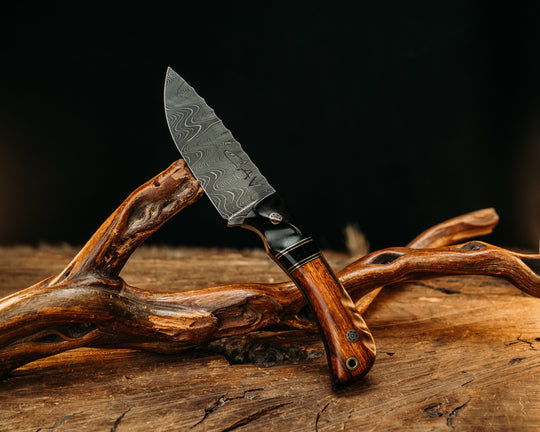 Cav Jr.- Old Stock Ladder Pattern Damascus- Bison Horn, Black G10 and Brass Pin Striping, Bison Horn Split, Desert Ironwood, Mosaic Pins, Brass Lanyard Pin, Textured Grip