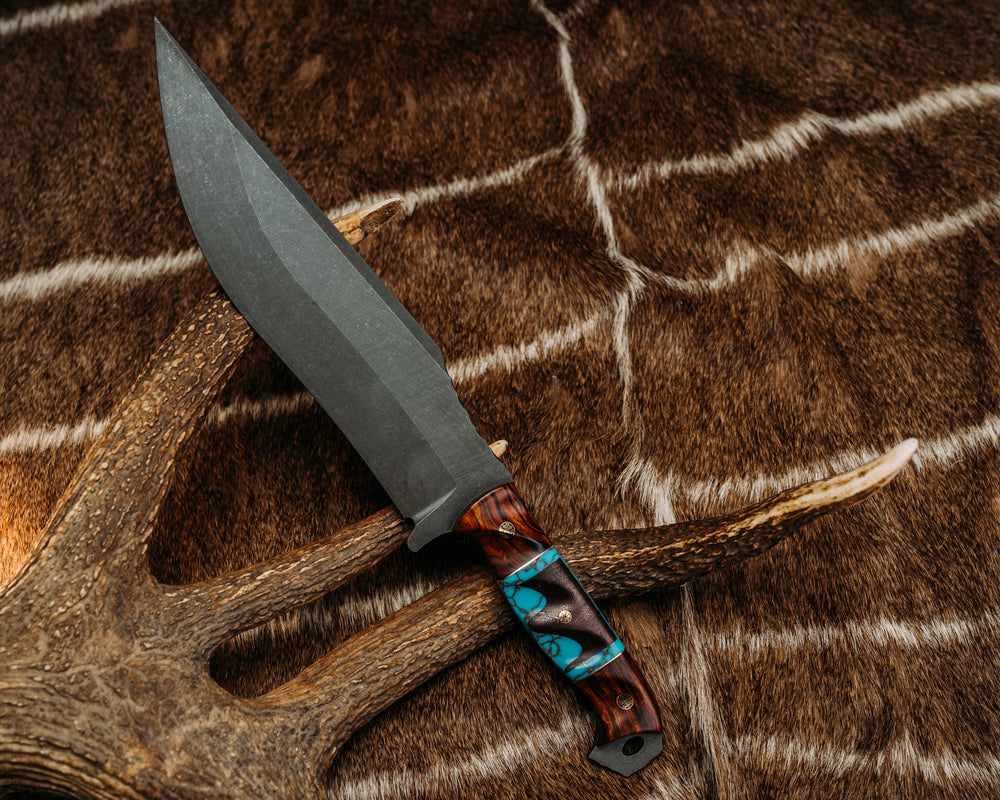 American Bowie- Desert Ironwood, Black G10 and Copper Pin Striping, Copper Coral Carbon Over Turquoise with Copper Web Tru-stone Split, Mosaic Pins, Grooved Grip