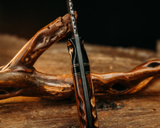 Cav Jr.- Old Stock Ladder Pattern Damascus- Bison Horn, Black G10 and Brass Pin Striping, Bison Horn Split, Desert Ironwood, Mosaic Pins, Brass Lanyard Pin, Textured Grip