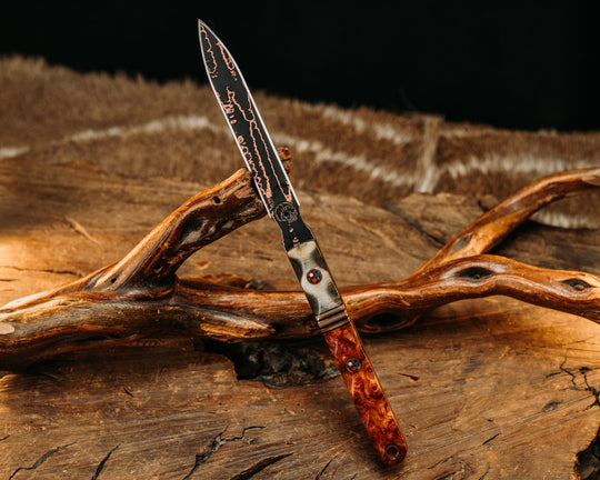 OSS Spike- Baker Forge Random Pattern CopperMai- Ram's Horn, Black G10, Desert Tan G10 and Copper Split, Amboyna Burl, Copper Patriot Mosaic Pins, Copper Lanyard Pin, Textured Grip