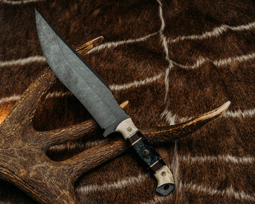 American Bowie- Giraffe Bone, Black G10 and Brass Pin Striping, Desert Ironwood and Black Dark Matter Carbon split, Mosaic Pins, Contoured Grip