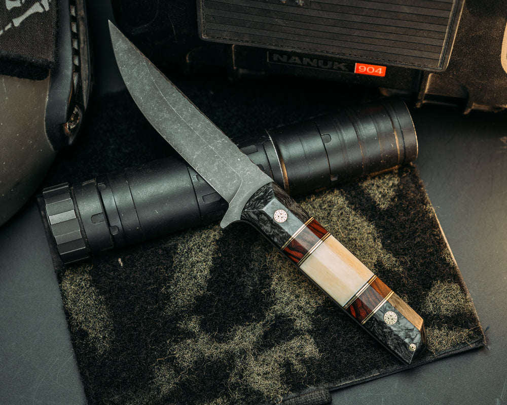 Kwaiken FC- Black Dark Matter Carbon, Black G10 and Brass Pin Striping, Ironwood and Giraffe Bone Split, Mosaic Pins, 1/8" Mosaic Pin, Smooth Angled Grip