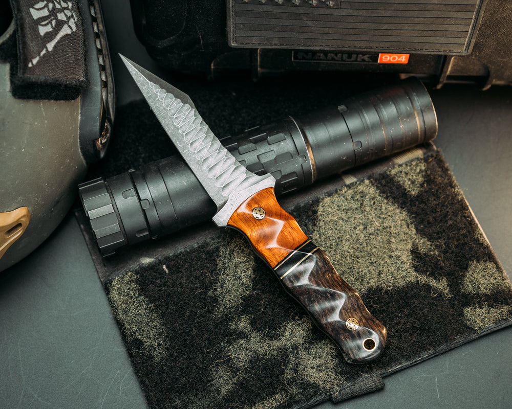 Combat Dirt Nap- Desert Ironwood, Black G10 and Brass Split, Dyed Redwood, Mosaic Pins, Brass Lanyard Pin, Textured Grip