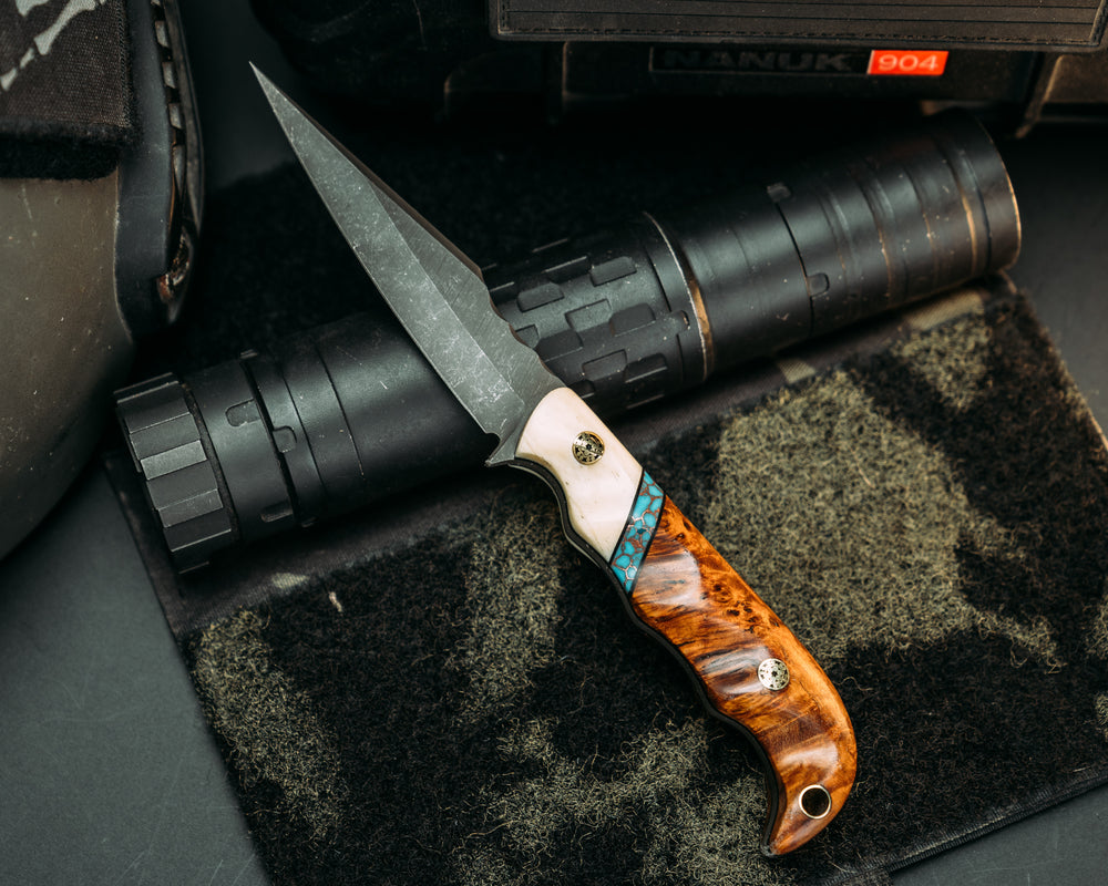 Senator- Giraffe Bone, Black G10 and Turquoise with Copper Web Tru-stone Split, Amboyna Burl, Mosaic Pins, Brass Lanyard Pin, Grooved Grip