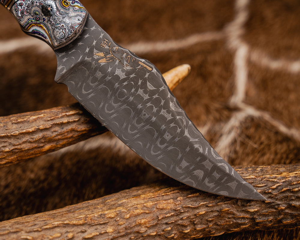 Red Cloud- Vegas Forge Razorwire Damascus- HotDog Kustoms Fordite, Black G10, Aluminum and Brass Pin Striping, Fordite Split, Hawaiian Curly Koa, Mosaic Pins, Silver Lanyard Pin, Textured Grip