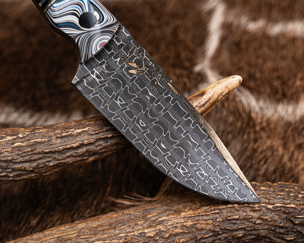 Cav Jr- Vegas Forge Honeycomb Damascus- Detroit Fordite, OD Green G10, Aluminum and Black G10 Pin Striping, African Blackwood Split, CO Elk, CF Pin, 1/8" Aluminum Pin, Mosaic Pin, Grooved Grip