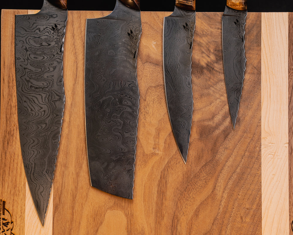 Chef Set and Magnetic Board- Raindrop Damascus- Hawaiian Curly Koa, Patriot Mosaic Pins, Half Face Mosaic Pin, Eagle Mosaic Pin, Fish Mosaic Pin, Deer Mosaic Pin, Smooth Angled Grip
