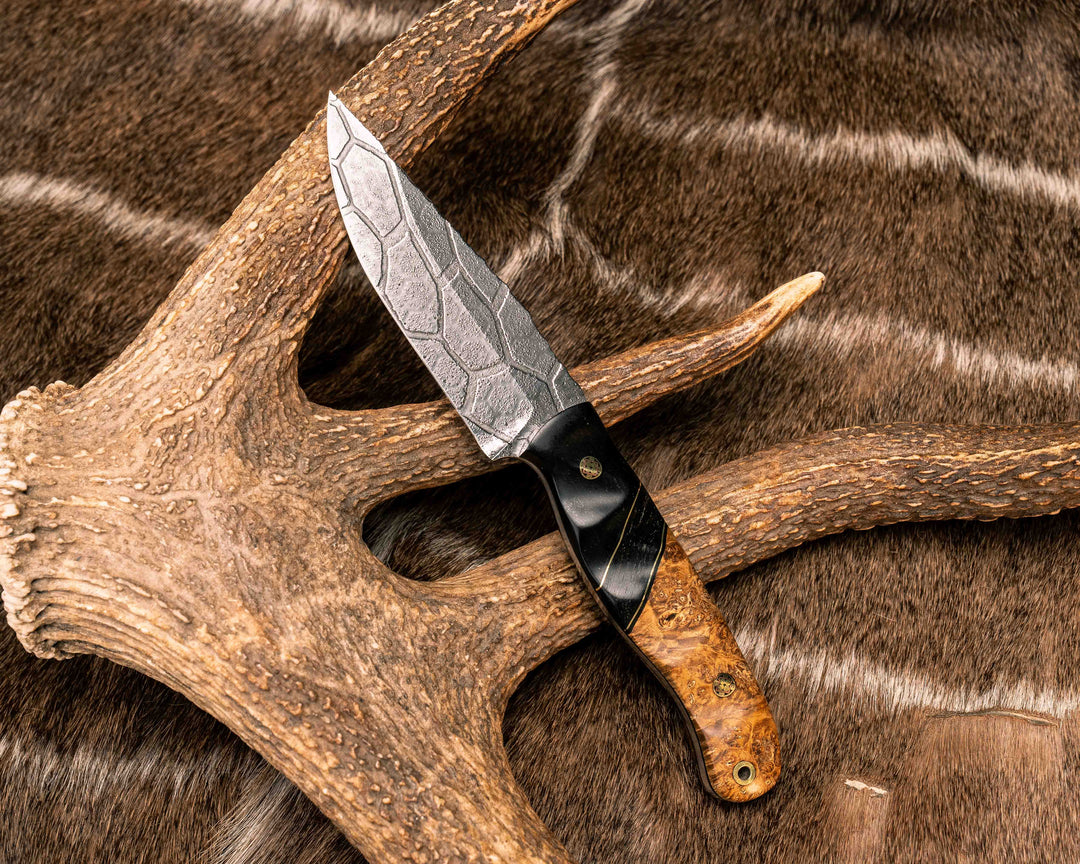 Crow Jr- Ancient Bog Oak, Black G10 and Brass Pin Striping, Ancient Bog Oak Split, Dyed Box Elder, Mosaic Pins, Brass Lanyard Pin, Textured Grip