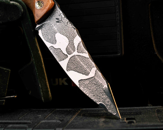Field Knife Jr- Vintage Butterscotch Canvas Micarta, Black G10 and Copper Split, Dyed Redwood Burl, Mosaic Pins, Textured Grip