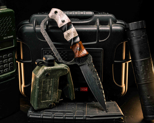 Trench Knife- Baker Forge Random Pattern Damascus- Desert Ironwood, Desert Ironwood and Bison Horn Pin Striping, Elk Antler Split, Elk Antler, Mosaic Pins, Brass Lanyard Pin, Textured Grip