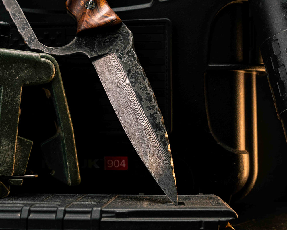 Trench Knife- Baker Forge Random Pattern Damascus- Desert Ironwood, Desert Ironwood and Bison Horn Pin Striping, Elk Antler Split, Elk Antler, Mosaic Pins, Brass Lanyard Pin, Textured Grip