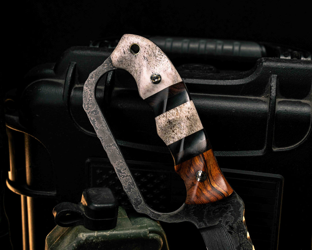 Trench Knife- Baker Forge Random Pattern Damascus- Desert Ironwood, Desert Ironwood and Bison Horn Pin Striping, Elk Antler Split, Elk Antler, Mosaic Pins, Brass Lanyard Pin, Textured Grip