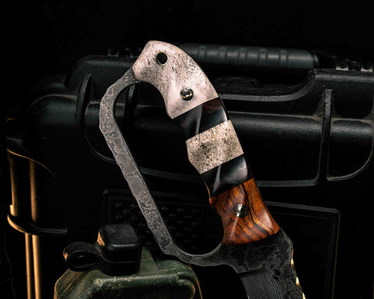 Trench Knife- Baker Forge Random Pattern Damascus- Desert Ironwood, Desert Ironwood and Bison Horn Pin Striping, Elk Antler Split, Elk Antler, Mosaic Pins, Brass Lanyard Pin, Textured Grip