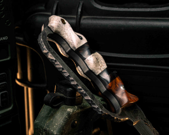 Trench Knife- Baker Forge Random Pattern Damascus- Desert Ironwood, Desert Ironwood and Bison Horn Pin Striping, Elk Antler Split, Elk Antler, Mosaic Pins, Brass Lanyard Pin, Textured Grip