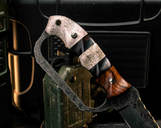 Trench Knife- Baker Forge Random Pattern Damascus- Desert Ironwood, Desert Ironwood and Bison Horn Pin Striping, Elk Antler Split, Elk Antler, Mosaic Pins, Brass Lanyard Pin, Textured Grip