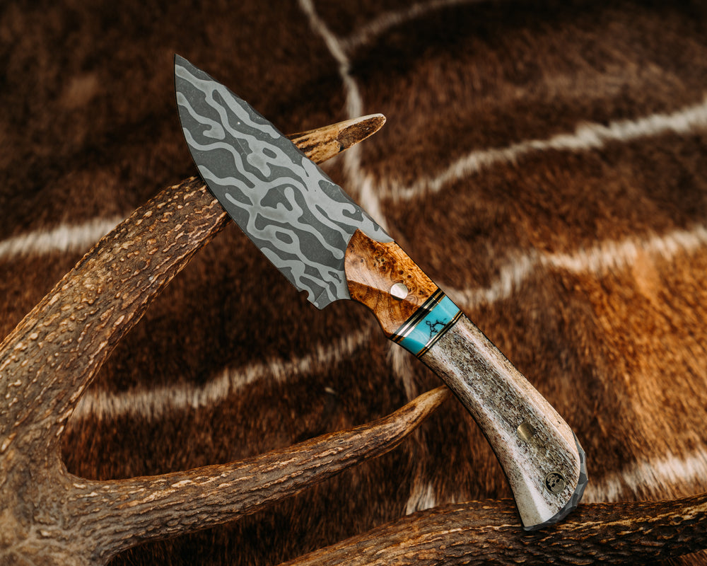 Cavner - Black Ash, Black G10 and Brass Pin Striping, Turquoise with Black Matrix Tru-stone Split, Brass Pins, Skull Mosaic Pin, Contoured Grip
