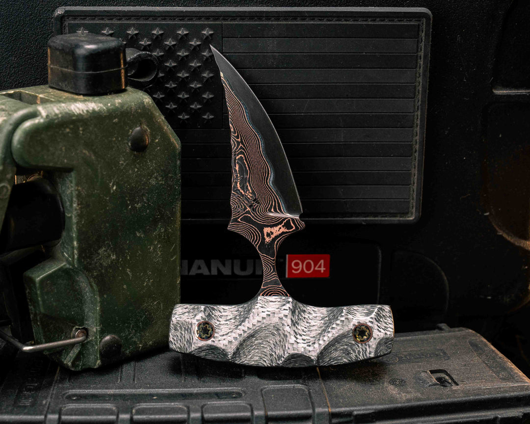 K9 Push Blade- Baker Forge Raindrop CopperMai NiShim- Silver Carbon, Mosaic Pins, Textured Grip