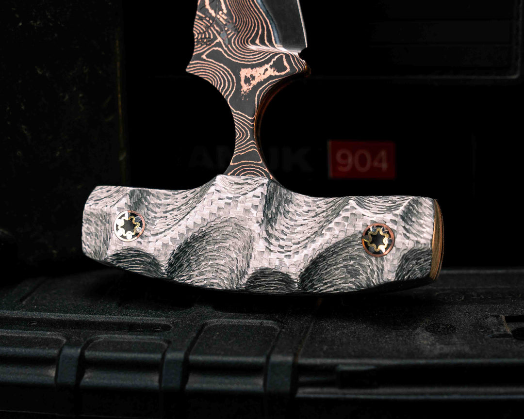 K9 Push Blade- Baker Forge Raindrop CopperMai NiShim- Silver Carbon, Mosaic Pins, Textured Grip
